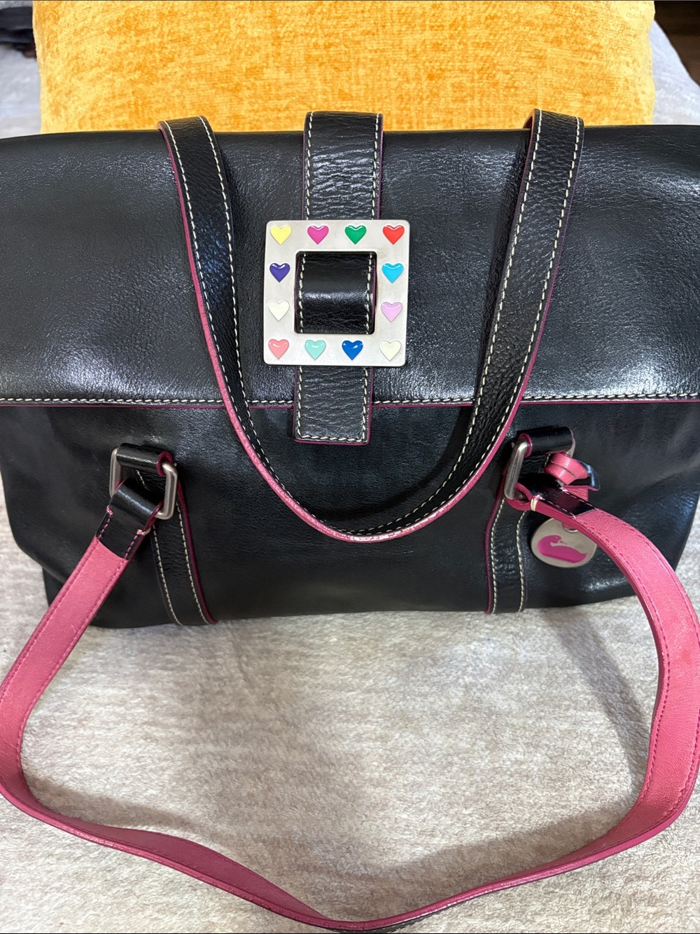 Dooney & Bourke Vintage tote Black and Pink Heart Buckle Detail Leather handbag